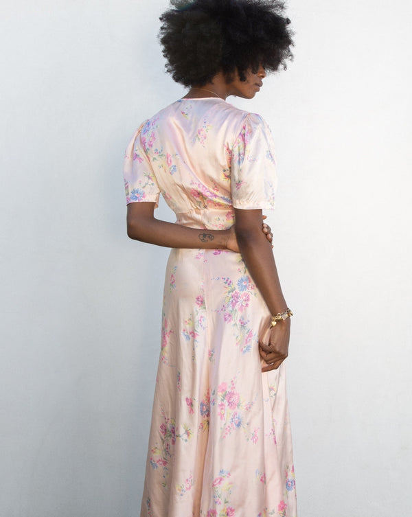 1940s Satin Floral Slip and Peignor Set