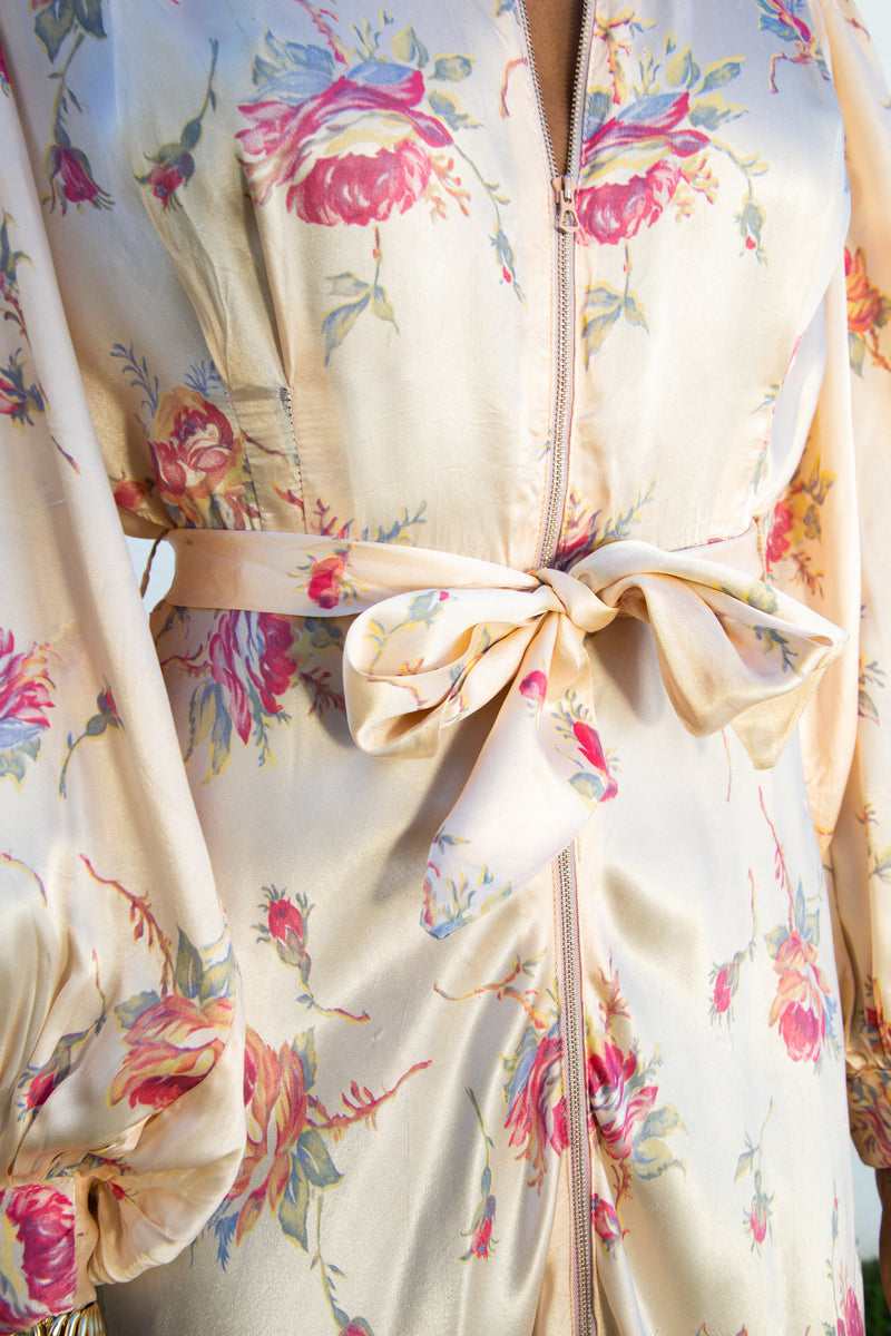 1930s Balloon Sleeve Silk Floral Dressing Gown
