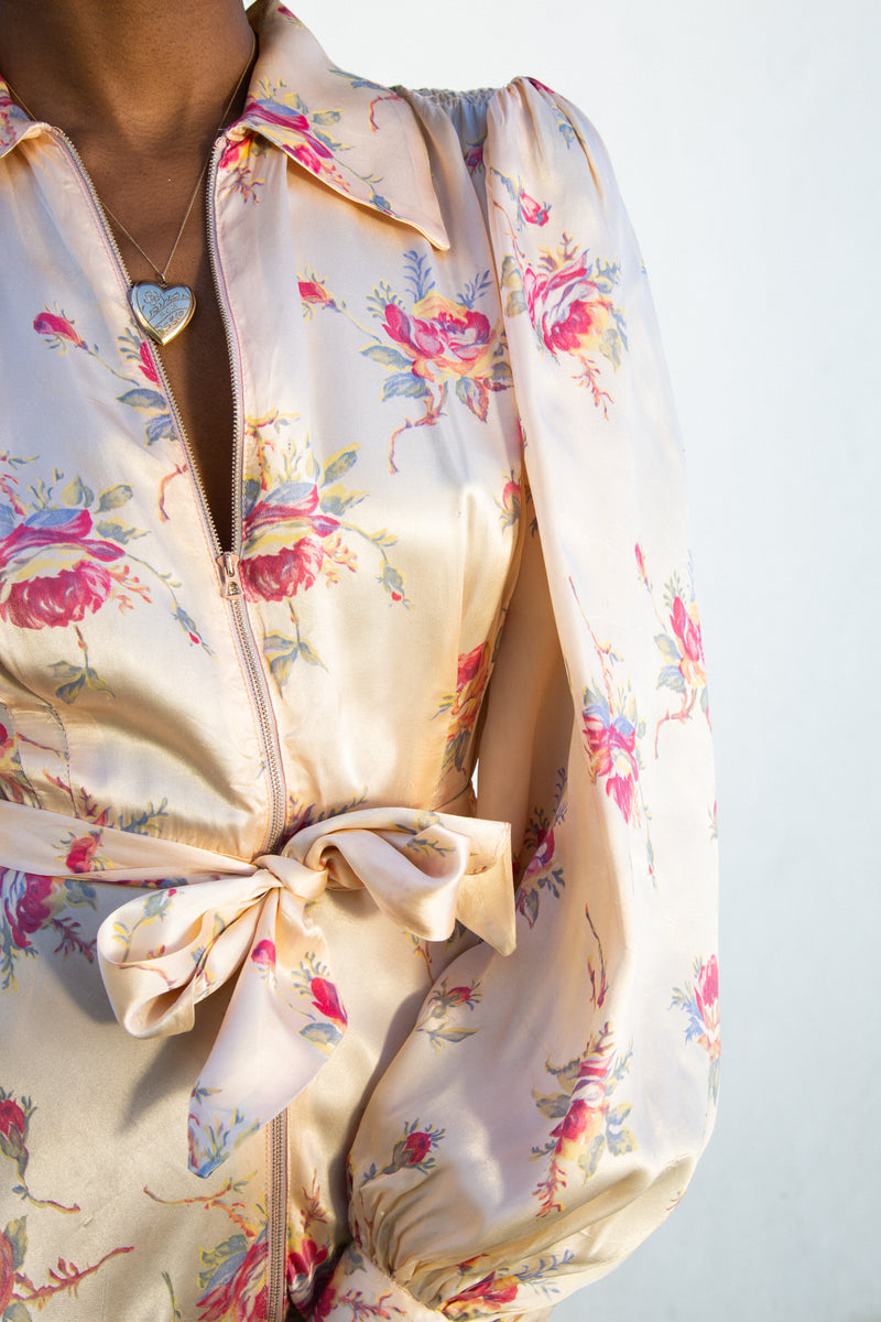 1930s Balloon Sleeve Silk Floral Dressing Gown