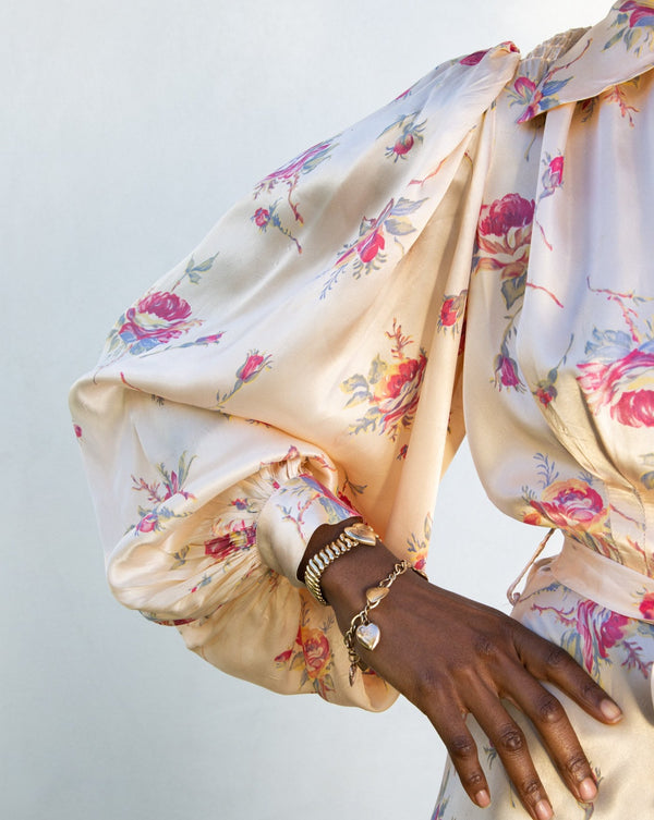 1930s Balloon Sleeve Silk Floral Dressing Gown