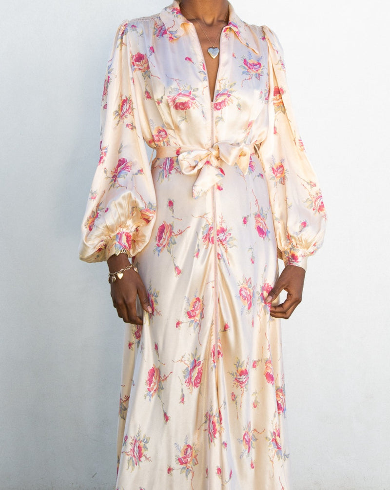 1930s Balloon Sleeve Silk Floral Dressing Gown