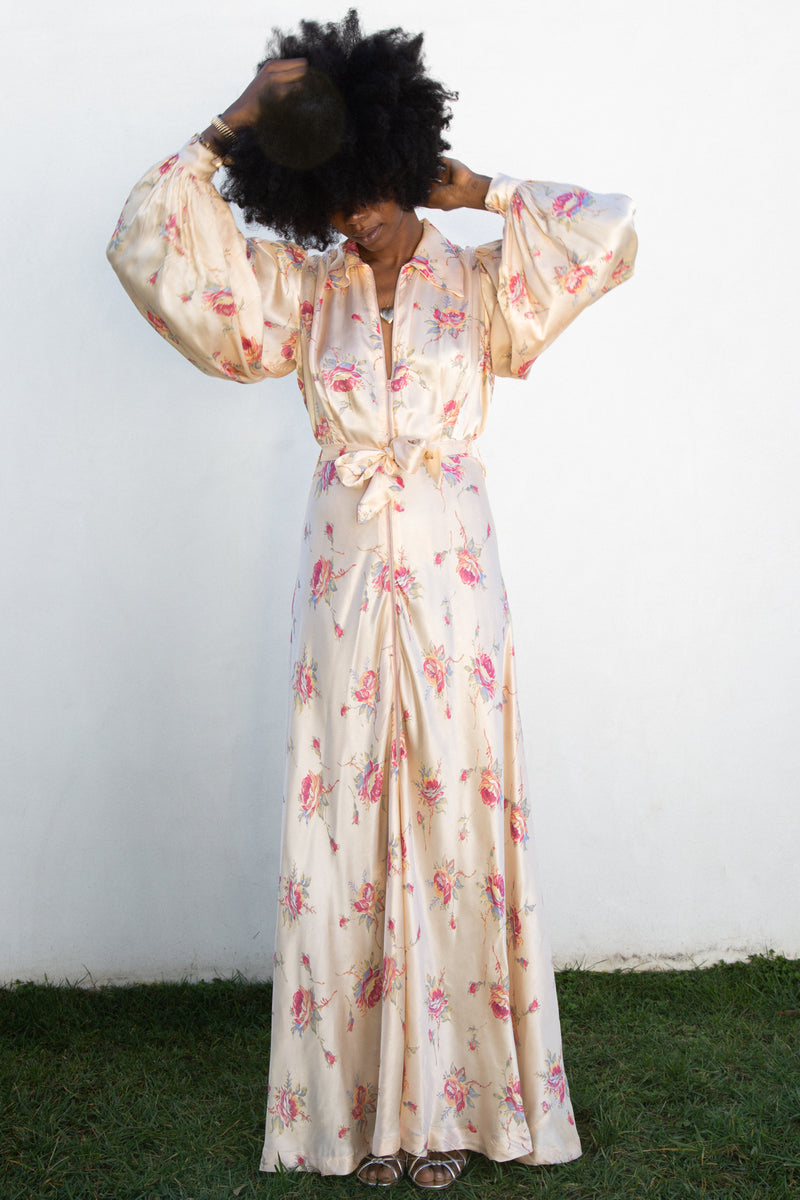 1930s Balloon Sleeve Silk Floral Dressing Gown