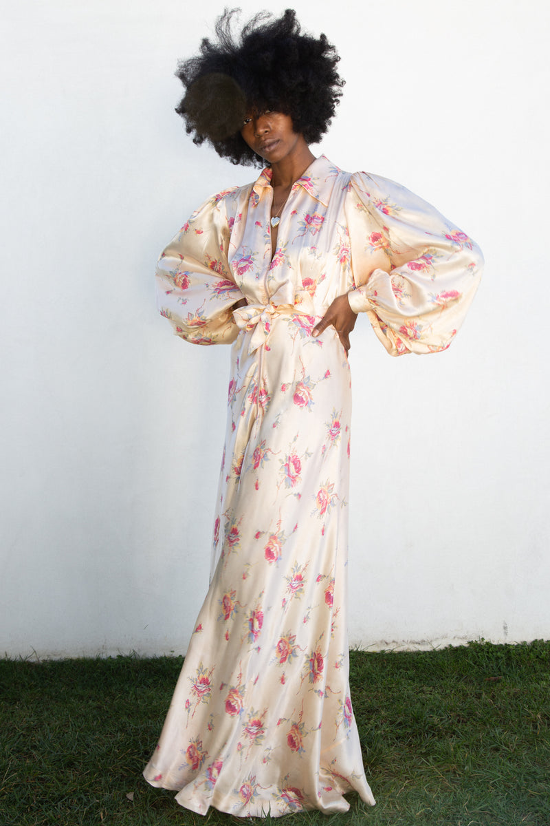 1930s Balloon Sleeve Silk Floral Dressing Gown