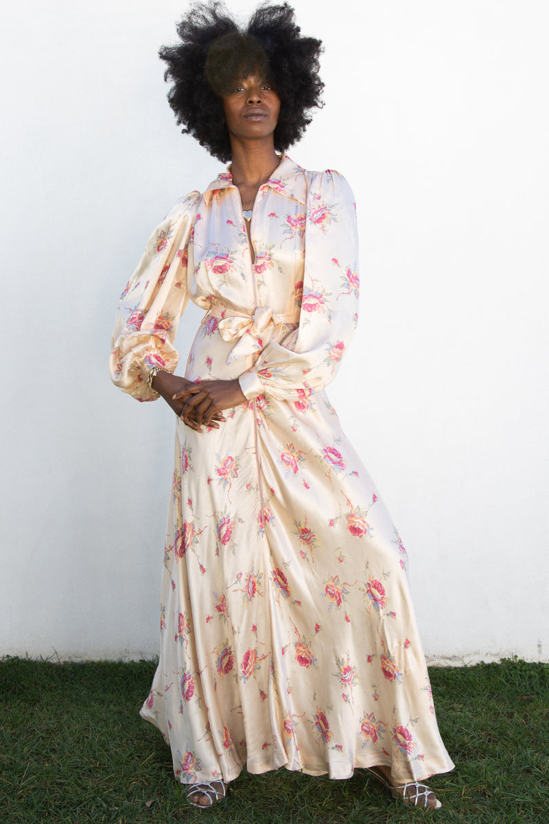 1930s Balloon Sleeve Silk Floral Dressing Gown
