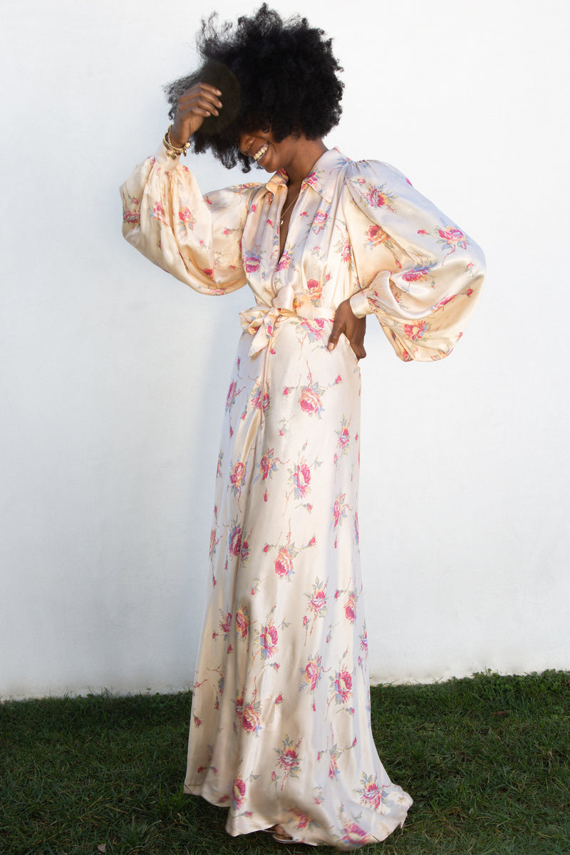 1930s Balloon Sleeve Silk Floral Dressing Gown