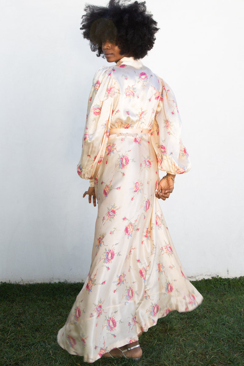 1930s Balloon Sleeve Silk Floral Dressing Gown