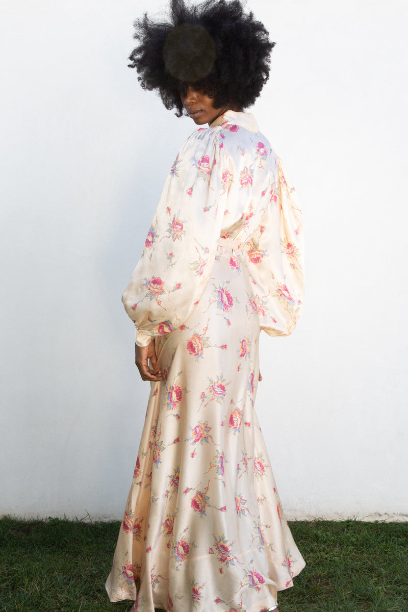 1930s Balloon Sleeve Silk Floral Dressing Gown