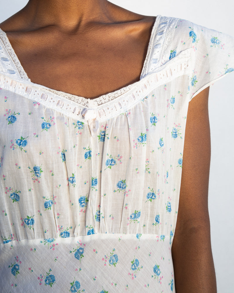 1940s Cotton Floral Sweetpea Slip Dress with Contrast Ribbon Trim