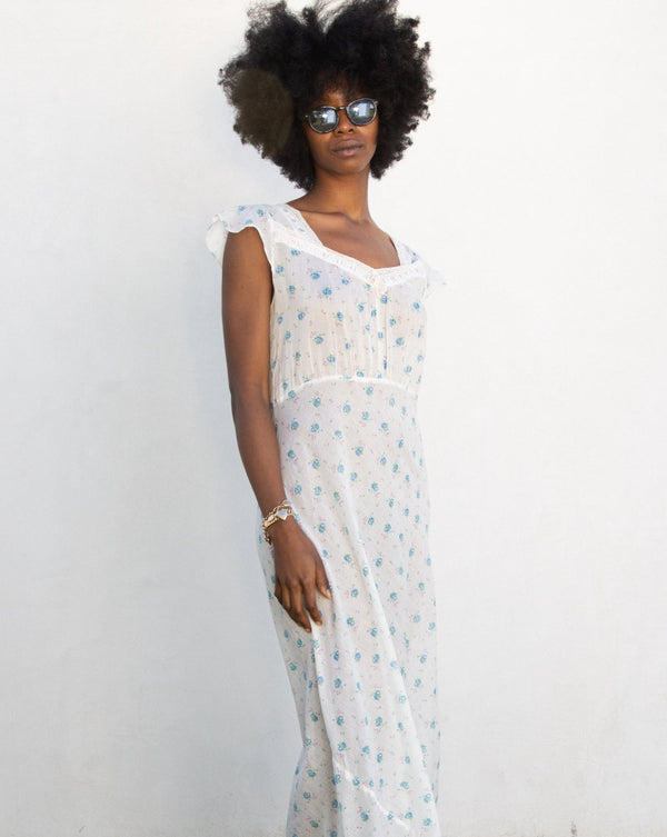 1940s Cotton Floral Sweetpea Slip Dress with Contrast Ribbon Trim