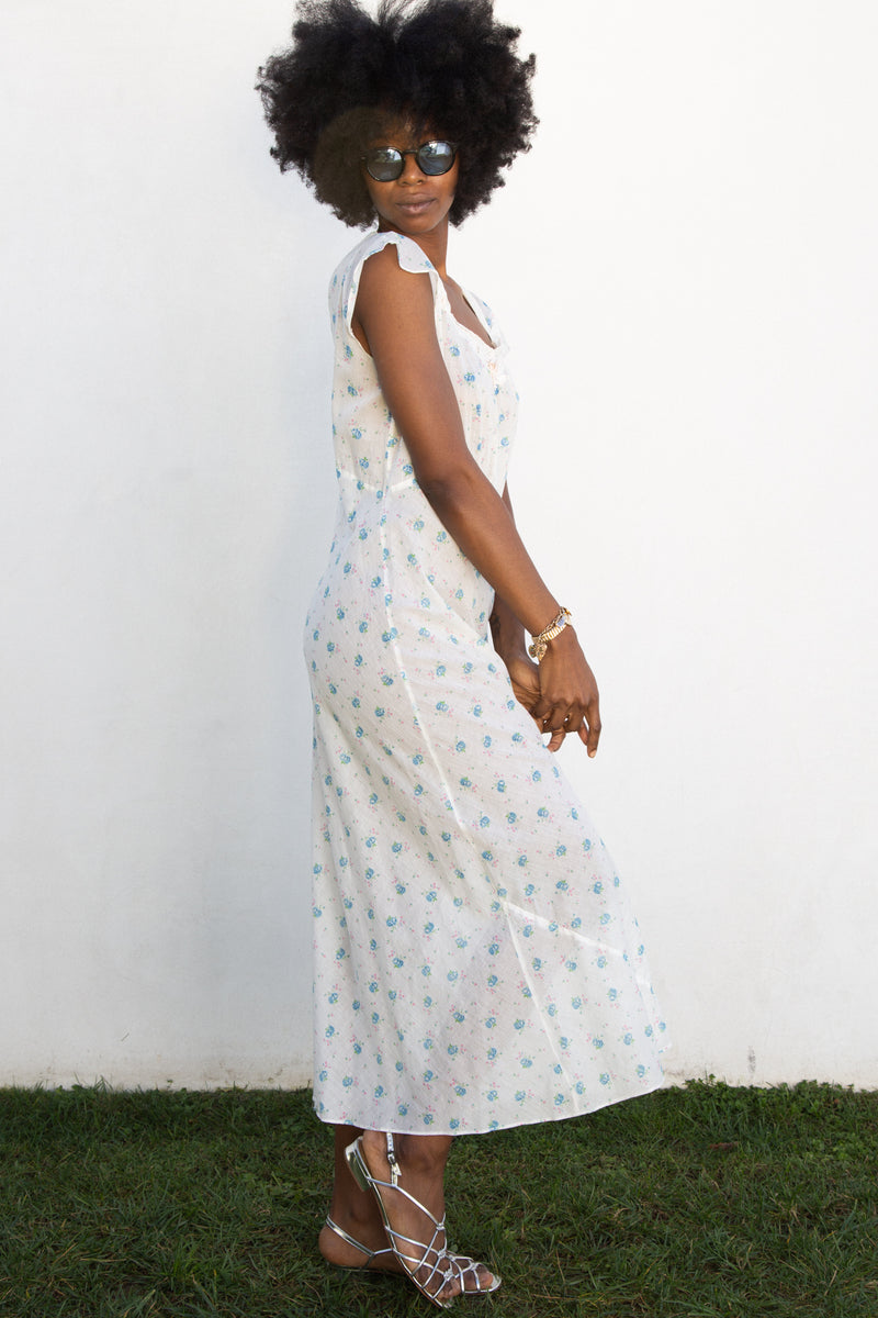 1940s Cotton Floral Sweetpea Slip Dress with Contrast Ribbon Trim