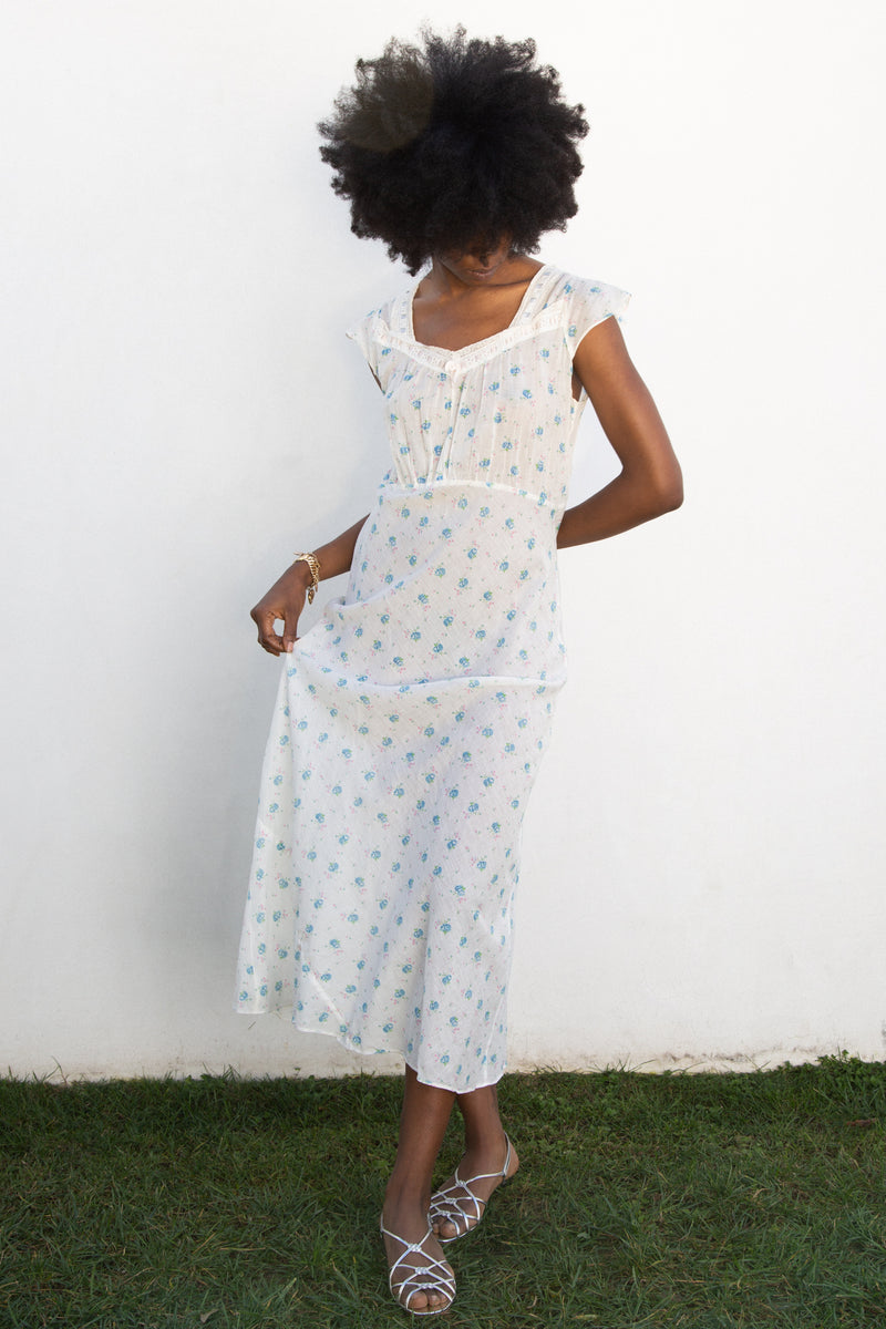 1940s Cotton Floral Sweetpea Slip Dress with Contrast Ribbon Trim