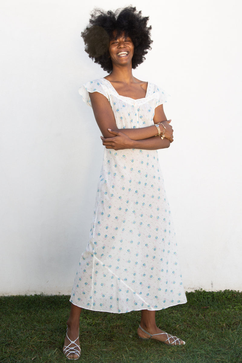1940s Cotton Floral Sweetpea Slip Dress with Contrast Ribbon Trim