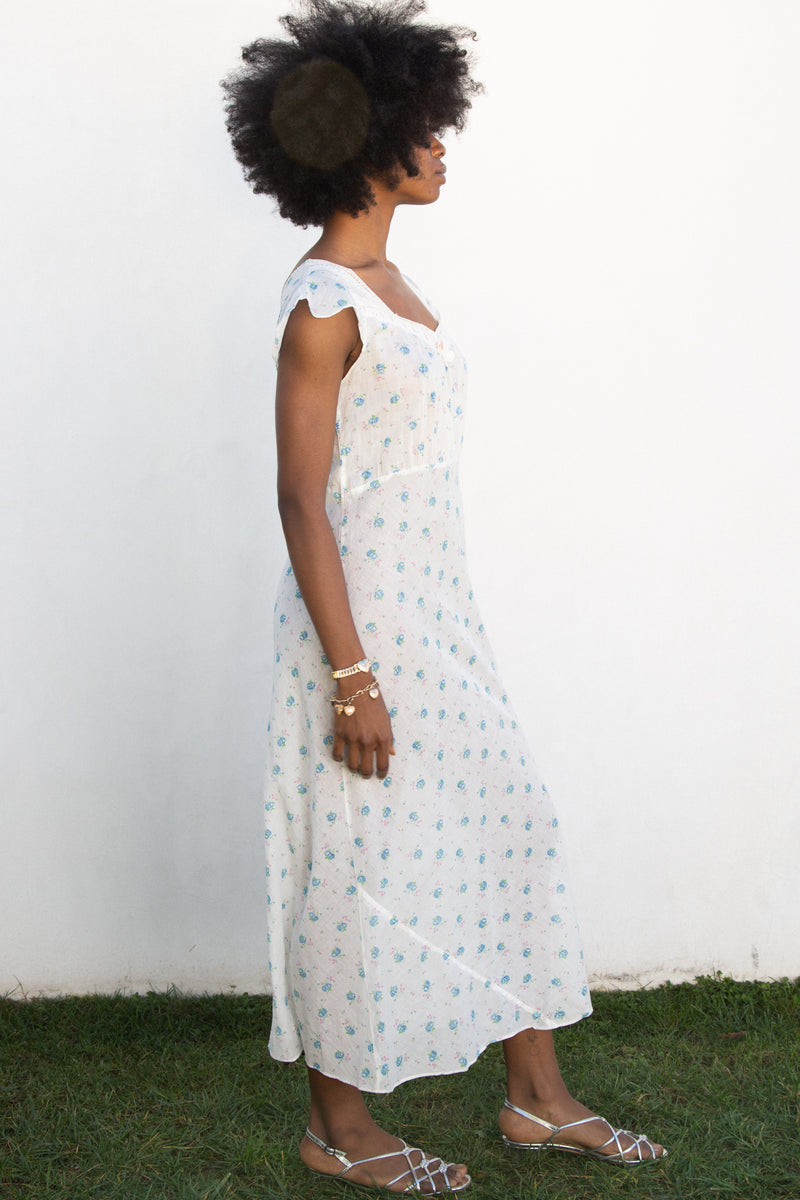 1940s Cotton Floral Sweetpea Slip Dress with Contrast Ribbon Trim