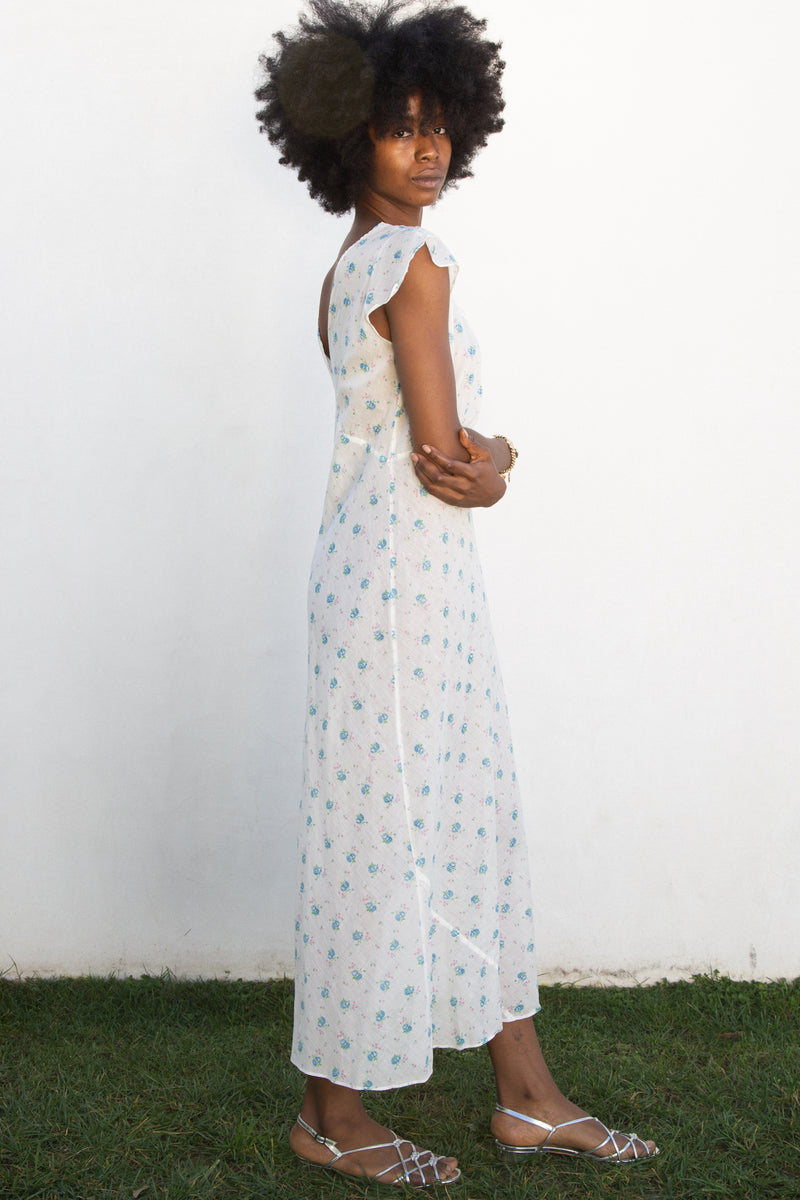 1940s Cotton Floral Sweetpea Slip Dress with Contrast Ribbon Trim