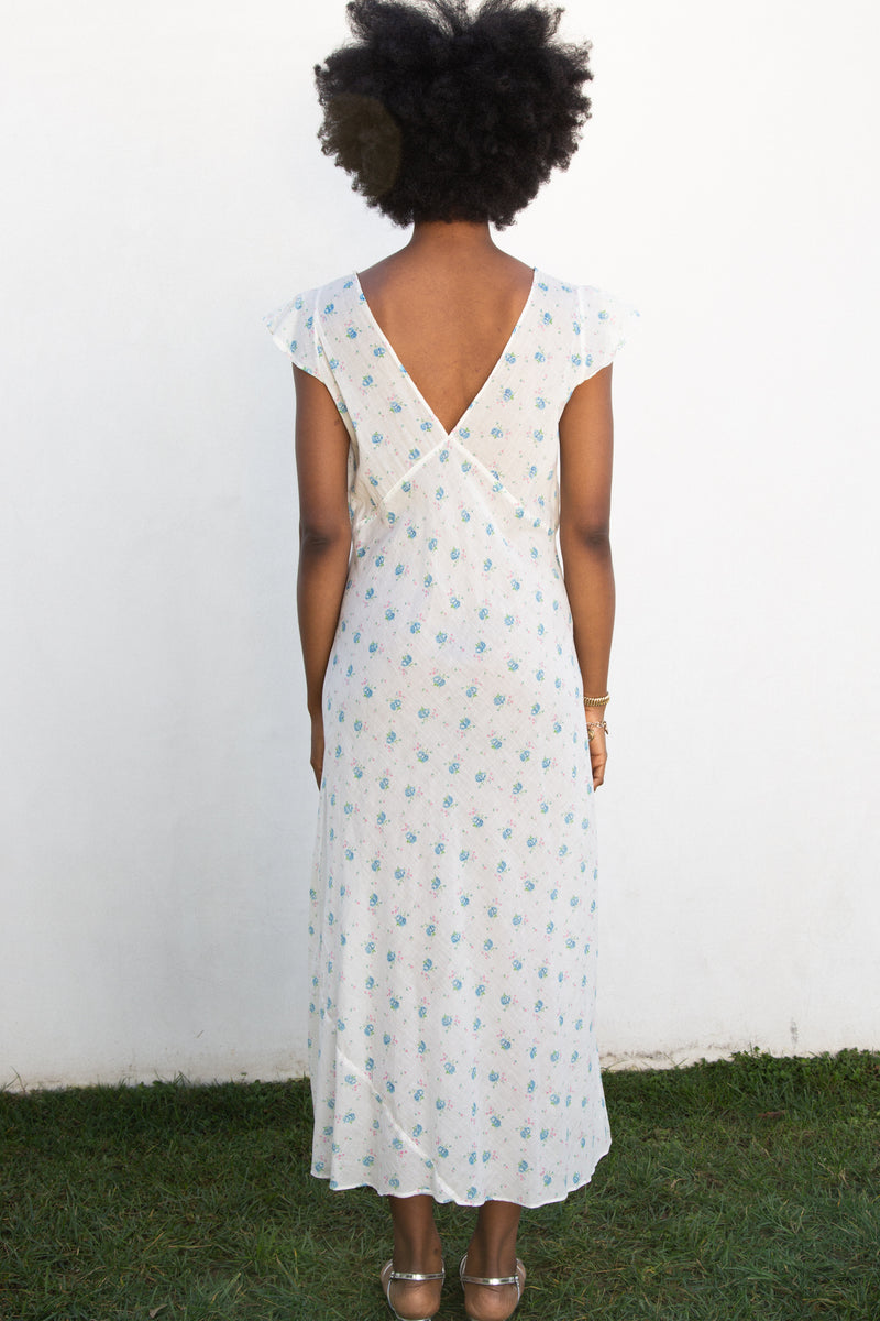 1940s Cotton Floral Sweetpea Slip Dress with Contrast Ribbon Trim