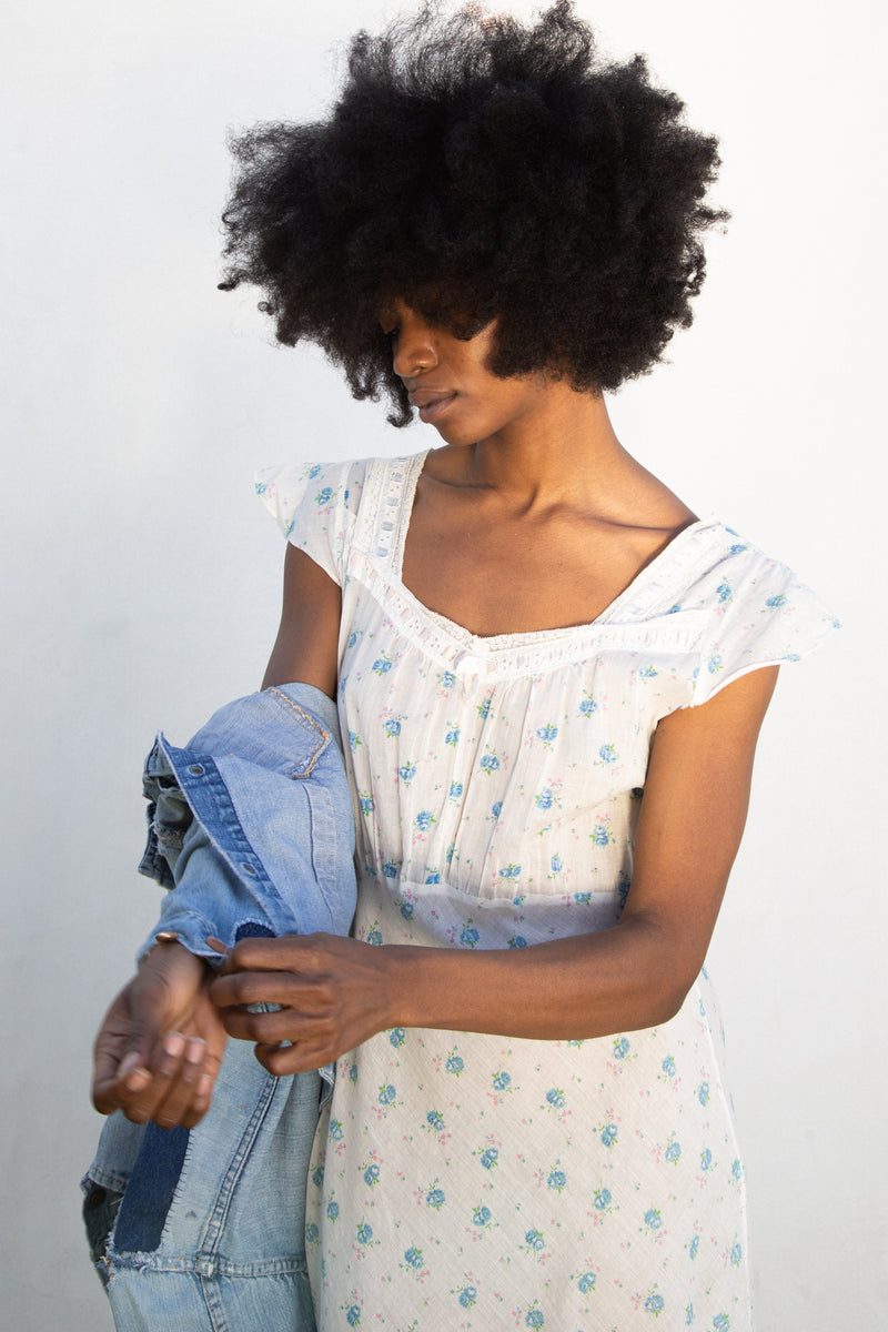 1940s Cotton Floral Sweetpea Slip Dress with Contrast Ribbon Trim
